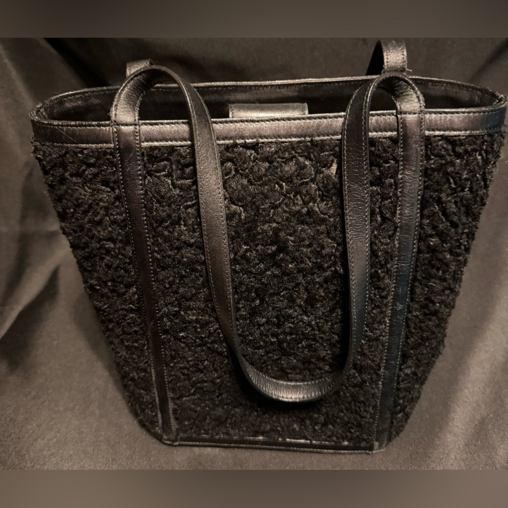 Maxx NY Black Leather Faux Fuzzy Tote Handbag Purse